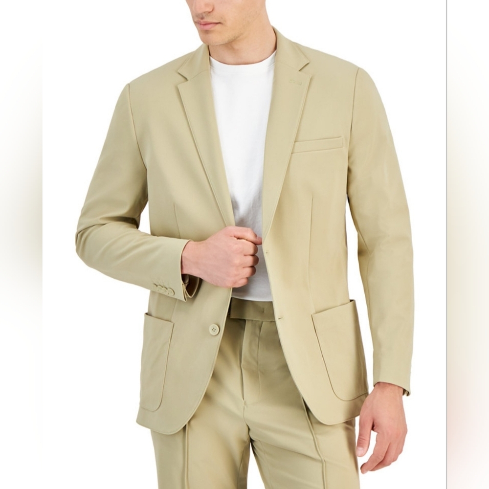 Alfani Men's Alfatech Notch Lapel Patch Pocket Blazer Twill, Tan Size M